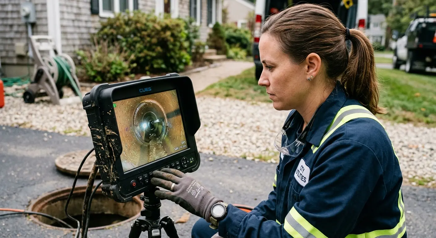 Technician reviewing sewer camera inspection footage in Ironton