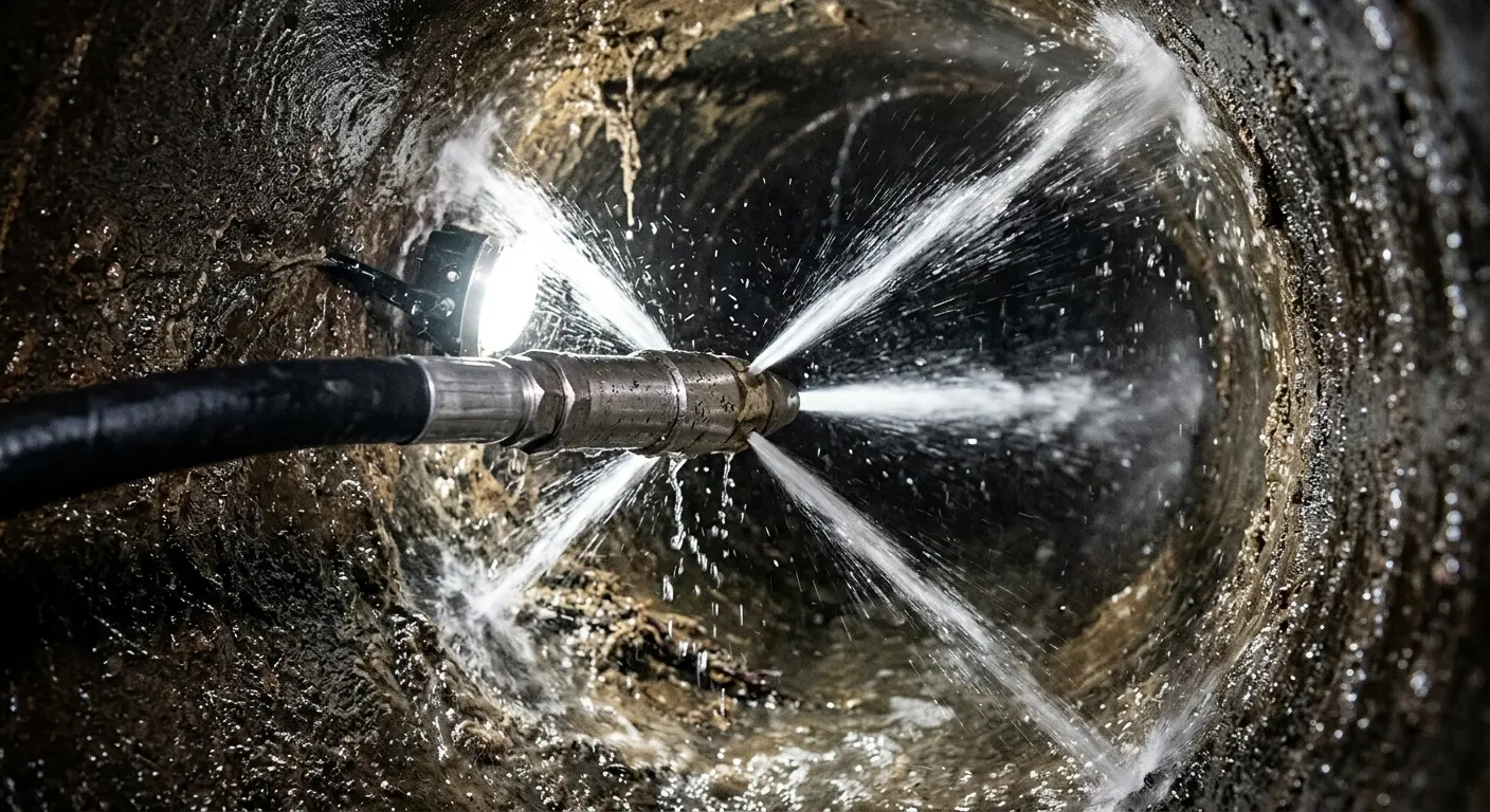 High-pressure hydro jetting nozzle cleaning sewer pipe for Trenchless Sewer Repair in Ironton