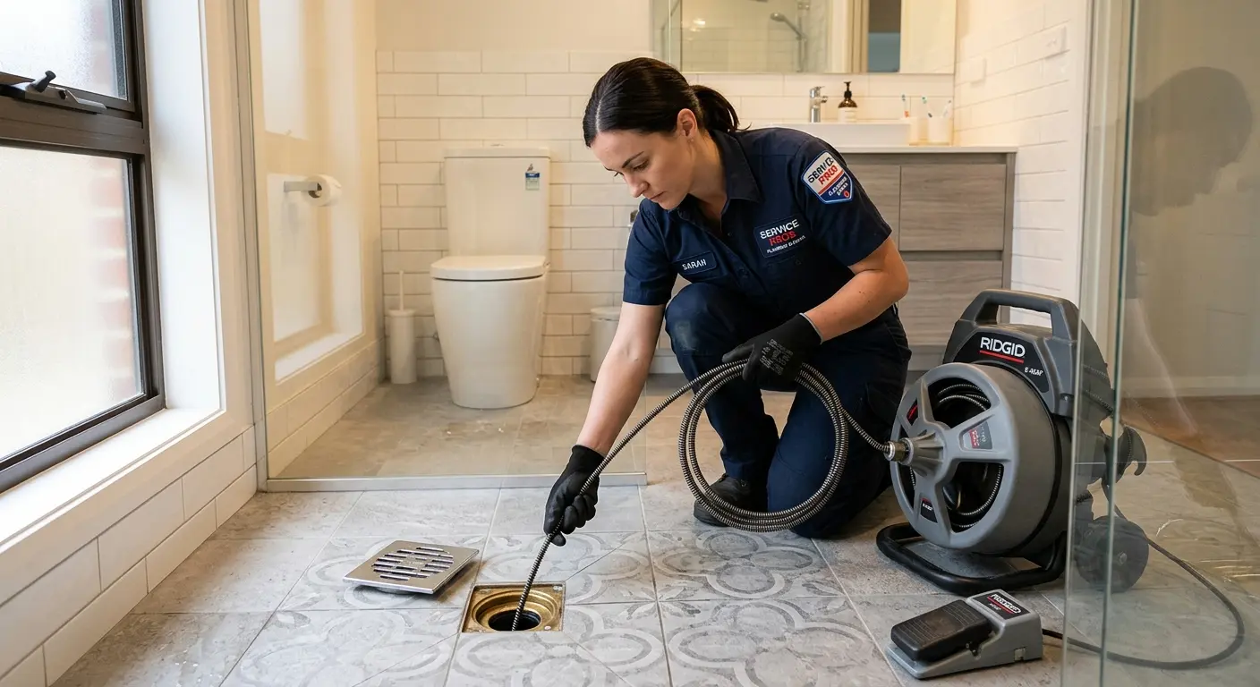 Technician clearing a bathroom floor drain for Drain Repair in Ironton